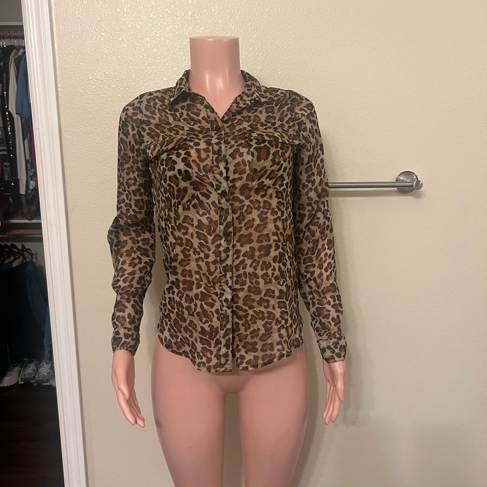 Leopard Print Sheer Button-Up Blouse. Size XS.